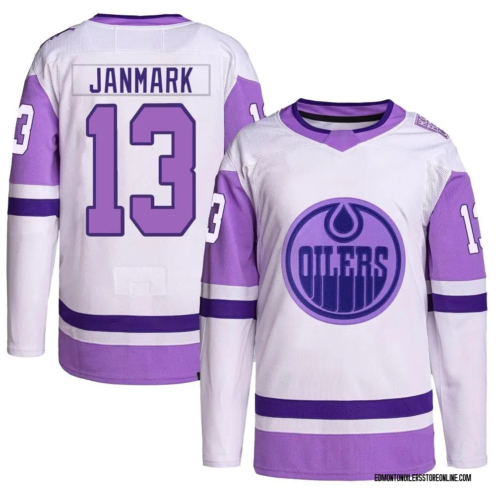 Authentic Men's Mattias Janmark White/Purple Edmonton Oilers Hockey Fights Cancer Primegreen Jersey