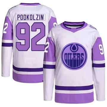 Authentic Men's Vasily Podkolzin White/Purple Edmonton Oilers Hockey Fights Cancer Primegreen Jersey