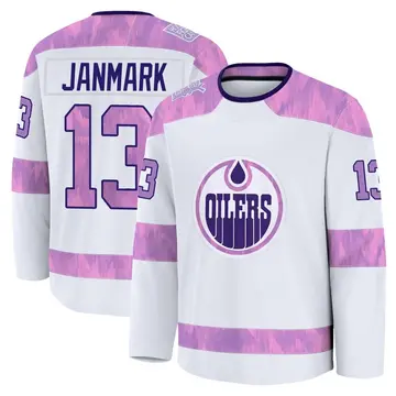 Premium Men's Mattias Janmark White Edmonton Oilers 2024 Hockey Fights Cancer Practice Jersey