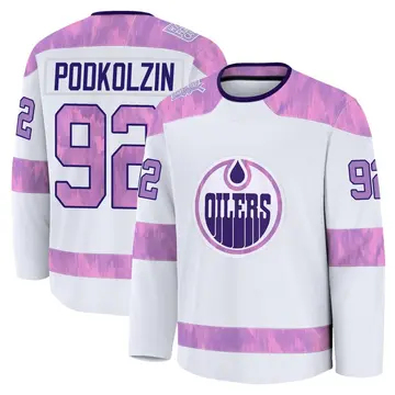Premium Men's Vasily Podkolzin White Edmonton Oilers 2024 Hockey Fights Cancer Practice Jersey