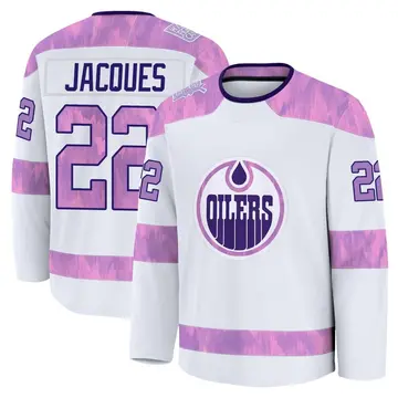 Premium Youth Jean-Francois Jacques White Edmonton Oilers 2024 Hockey Fights Cancer Practice Jersey