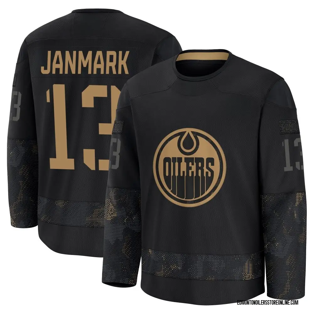 Premium Youth Mattias Janmark Black Edmonton Oilers 2024 Military Appreciation Practice Jersey